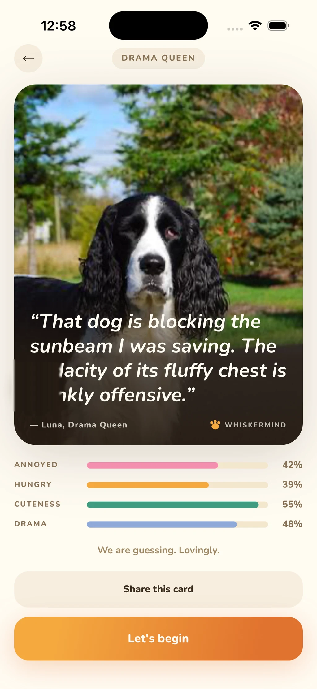 A finished WhiskerMind card: a dog photo with an invented inner monologue